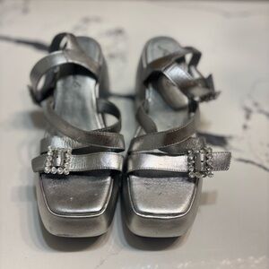 Free People Silver Strappy Rhinestone Platform Heeled Sandals